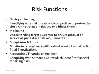 Risk Functions
• Strategic planning
Identifying external threats and competitive opportunities,
along with strategic initiatives to address them
• Marketing
Understanding target customer to ensure product or
service alignment with its requirements
• Compliance & Ethics
Monitoring compliance with code of conduct and directing
fraud investigations
• Accounting / Financial compliance
Complying with Sarbanes-Oxley which identifies financial
reporting risks
ValueConsult

IT Risk Management

29

 