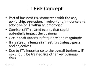 IT Risk Concept
• Part of business risk associated with the use,
ownership, operation, involvement, influence and
adoption of IT within an enterprise
• Consists of IT-related events that could
potentially impact the business
• Occur both uncertain frequency and magnitude
• It creates challenges in meeting strategic goals
and objectives
• Due to IT’s importance to the overall business, IT
risk should be treated like other key business
risks.
ValueConsult

IT Risk Management

34

 