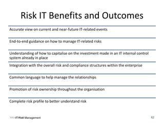 Risk IT Benefits and Outcomes
Accurate view on current and near-future IT-related events

End-to-end guidance on how to manage IT-related risks
Understanding of how to capitalise on the investment made in an IT internal control
system already in place
Integration with the overall risk and compliance structures within the enterprise
Common language to help manage the relationships
Promotion of risk ownership throughout the organisation

Complete risk profile to better understand risk

ValueConsult Management
IT Risk

62

 