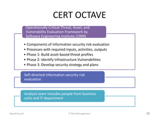 CERT OCTAVE
Operationally Critical Threat, Asset, and
Vulnerability Evaluation Framework by
Software Engineering Institute (1999)
• Components of information security risk evaluation
• Processes with required inputs, activities, outputs
• Phase 1: Build asset-based threat profiles
• Phase 2: Identify Infrastructure Vulnerabilities
• Phase 3: Develop security strategy and plans
Self-directed information security risk
evaluation

Analysis team includes people from business
units and IT department

ValueConsult

IT Risk Management

73

 