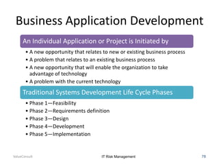 Business Application Development
An Individual Application or Project is Initiated by
• A new opportunity that relates to new or existing business process
• A problem that relates to an existing business process
• A new opportunity that will enable the organization to take
advantage of technology
• A problem with the current technology

Traditional Systems Development Life Cycle Phases
• Phase 1—Feasibility
• Phase 2—Requirements definition
• Phase 3—Design
• Phase 4—Development
• Phase 5—Implementation

ValueConsult

IT Risk Management

78

 