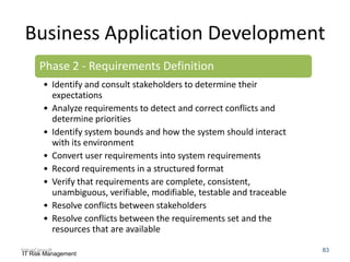 Business Application Development
Phase 2 - Requirements Definition
• Identify and consult stakeholders to determine their
expectations
• Analyze requirements to detect and correct conflicts and
determine priorities
• Identify system bounds and how the system should interact
with its environment
• Convert user requirements into system requirements
• Record requirements in a structured format
• Verify that requirements are complete, consistent,
unambiguous, verifiable, modifiable, testable and traceable
• Resolve conflicts between stakeholders
• Resolve conflicts between the requirements set and the
resources that are available
ValueConsult
IT Risk Management

83

 