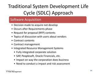 Traditional System Development Life
Cycle (SDLC) Approach
Software Acquisition
•
•
•
•
•
•
•

Decision made to acquire not develop
Occurs after Requirements phase
Request for proposal (RFP) contents
Topics of discussion with users about vendors
Contract contents
Contract management
Integrated Resource Management Systems
• Fully integrated corporate solution
• SAP, Peoplesoft, Oracle Financials, etc.
• Impact on way the corporation does business
• Need to conduct a impact and risk assessment

ValueConsult
IT Risk Management

84

 