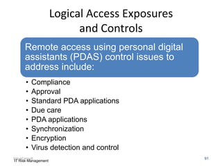 Logical Access Exposures
and Controls
Remote access using personal digital
assistants (PDAS) control issues to
address include:
•
•
•
•
•
•
•
•

Compliance
Approval
Standard PDA applications
Due care
PDA applications
Synchronization
Encryption
Virus detection and control

ValueConsult
IT Risk Management

91

 