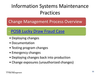 Information Systems Maintenance
Practices
Change Management Process Overview
- POSB Lucky Draw Fraud Case
• Deploying changes
• Documentation
• Testing program changes
• Emergency changes
• Deploying changes back into production
• Change exposures (unauthorized changes)
ValueConsult
IT Risk Management

96

 