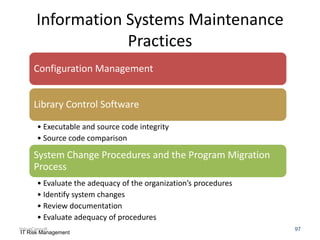 Information Systems Maintenance
Practices
Configuration Management
Library Control Software
• Executable and source code integrity
• Source code comparison

System Change Procedures and the Program Migration
Process
• Evaluate the adequacy of the organization’s procedures
• Identify system changes
• Review documentation
• Evaluate adequacy of procedures
ValueConsult
IT Risk Management

97

 