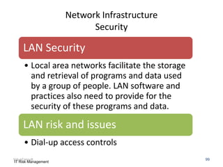 Network Infrastructure
Security

LAN Security
• Local area networks facilitate the storage
and retrieval of programs and data used
by a group of people. LAN software and
practices also need to provide for the
security of these programs and data.

LAN risk and issues
• Dial-up access controls
ValueConsult
IT Risk Management

99

 