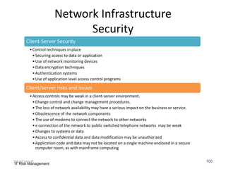 Network Infrastructure
Security
Client-Server Security
• Control techniques in place
• Securing access to data or application
• Use of network monitoring devices
• Data encryption techniques
• Authentication systems
• Use of application level access control programs

Client/server risks and issues
• Access controls may be weak in a client-server environment.
• Change control and change management procedures.
• The loss of network availability may have a serious impact on the business or service.
• Obsolescence of the network components
• The use of modems to connect the network to other networks
• e connection of the network to public switched telephone networks may be weak
• Changes to systems or data
• Access to confidential data and data modification may be unauthorized
• Application code and data may not be located on a single machine enclosed in a secure
computer room, as with mainframe computing
ValueConsult
IT Risk Management

100

 