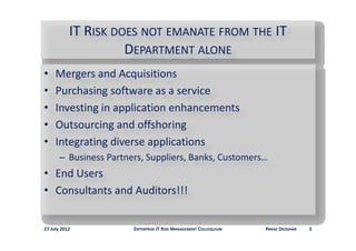IT RISK DOES NOT EMANATE FROM THE IT 
                     DEPARTMENT ALONE
•    Mergers and Acquisitions
•    Purchasing software as a service
•    Investing in application enhancements
•    Outsourcing and offshoring
     Outsourcing and offshoring
•    Integrating diverse applications
            i               S   li        k C
       – Business Partners, Suppliers, Banks, Customers…
• End Users
• Consultants and Auditors!!!


27 July 2012            ENTERPRISE IT RISK MANAGEMENT COLLOQUIUM   PARAG DEODHAR   5
 