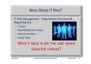 WHO OWNS IT RISK?
                             IT R
• IT Risk Management ‐ Organisation Structure & 
  Reporting line
       –   IT team
       –   Risk Management Team
       –   External Vendors
       –   Group Team

           WHO’S NECK IS ON THE LINE WHEN
                 DISASTER STRIKES?

27 July 2012            ENTERPRISE IT RISK MANAGEMENT COLLOQUIUM   PARAG DEODHAR   6
 
