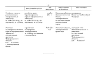 22
Ожидаемый результат
Срок
реализации
Ответственный
исполнитель
Вид документа
Разработка стратегии
развития отрасли
инфор...