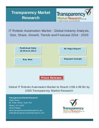 Transparency Market
Research
IT Robotic Automation Market - Global Industry Analysis,
Size, Share, Growth, Trends and Forecast 2014 - 2020
Global IT Robotic Automation Market to Reach US$ 4.98 Bn by
2020:Transparency Market Research
Transparency Market Research
State Tower,
90, State Street, Suite 700.
Albany, NY 12207
United States
www.transparencymarketresearch.com
sales@transparencymarketresearch.com
95 Page ReportPublished Date
18-March-2015
Buy Now Request Sample
Press Release
 