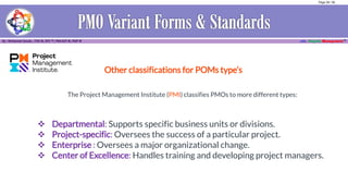❖ Departmental: Supports specific business units or divisions.
❖ Project-specific: Oversees the success of a particular project.
❖ Enterprise : Oversees a major organizational change.
❖ Center of Excellence: Handles training and developing project managers.
Other classifications for POMs type’s
The Project Management Institute (PMI) classifies PMOs to more different types:
Page 28 / 56
 