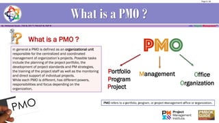 What is a PMO ?
PMO refers to a portfolio, program, or project management office or organization.
Project
Program
Portfolio
OfficeManagement
Organization
What is a PMO ?
in general a PMO is defined as an organizational unit
responsible for the centralized and coordinated
management of organization’s projects. Possible tasks
include the planning of the project portfolio, the
development of project standards and PM strategies,
the training of the project staff as well as the monitoring
and direct support of individual projects.
While each PMO is different, has different powers,
responsibilities and focus depending on the
organization,
Page 9 / 56
 