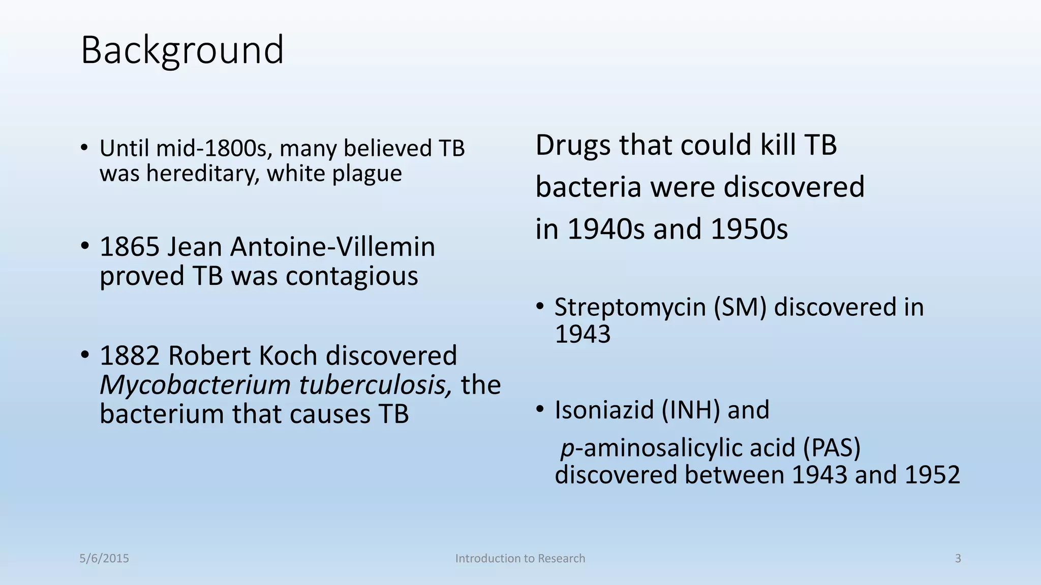 Background
• Until mid-1800s, many believed TB
was hereditary, white plague
• 1865 Jean Antoine-Villemin
proved TB was contagious
• 1882 Robert Koch discovered
Mycobacterium tuberculosis, the
bacterium that causes TB
Drugs that could kill TB
bacteria were discovered
in 1940s and 1950s
• Streptomycin (SM) discovered in
1943
• Isoniazid (INH) and
p-aminosalicylic acid (PAS)
discovered between 1943 and 1952
5/6/2015 Introduction to Research 3
 