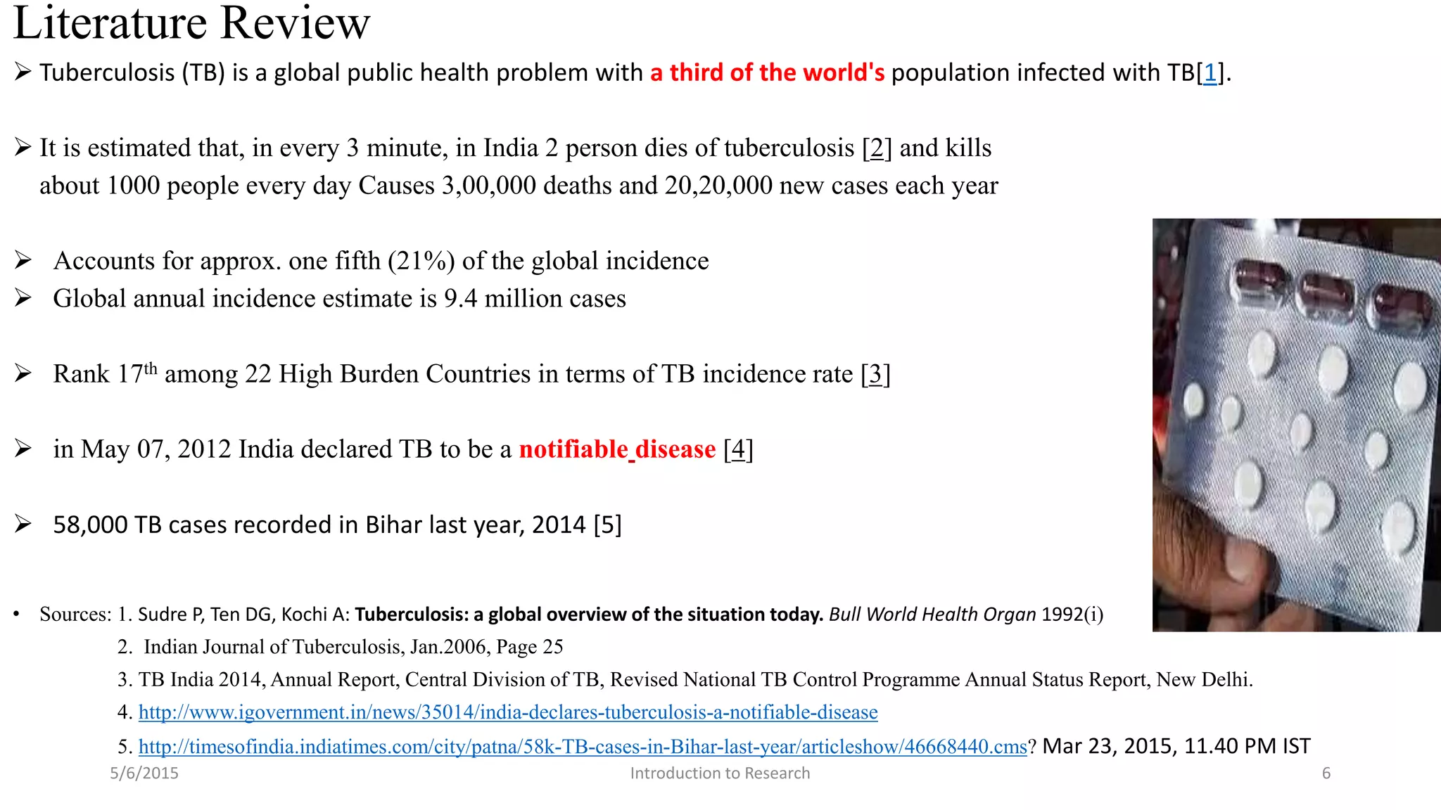 5/6/2015 Introduction to Research 6
Literature Review
 Tuberculosis (TB) is a global public health problem with a third of the world's population infected with TB[1].
 It is estimated that, in every 3 minute, in India 2 person dies of tuberculosis [2] and kills
about 1000 people every day Causes 3,00,000 deaths and 20,20,000 new cases each year
 Accounts for approx. one fifth (21%) of the global incidence
 Global annual incidence estimate is 9.4 million cases
 Rank 17th among 22 High Burden Countries in terms of TB incidence rate [3]
 in May 07, 2012 India declared TB to be a notifiable disease [4]
 58,000 TB cases recorded in Bihar last year, 2014 [5]
• Sources: 1. Sudre P, Ten DG, Kochi A: Tuberculosis: a global overview of the situation today. Bull World Health Organ 1992(i)
2. Indian Journal of Tuberculosis, Jan.2006, Page 25
3. TB India 2014, Annual Report, Central Division of TB, Revised National TB Control Programme Annual Status Report, New Delhi.
4. http://www.igovernment.in/news/35014/india-declares-tuberculosis-a-notifiable-disease
5. http://timesofindia.indiatimes.com/city/patna/58k-TB-cases-in-Bihar-last-year/articleshow/46668440.cms? Mar 23, 2015, 11.40 PM IST
 
