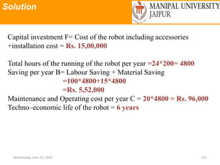 Solution
Wednesday, June 23, 2021 112
Capital investment F= Cost of the robot including accessories
+installation cost = Rs. 15,00,000
Total hours of the running of the robot per year =24*200= 4800
Saving per year B= Labour Saving + Material Saving
=100*4800+15*4800
=Rs. 5,52,000
Maintenance and Operating cost per year C = 20*4800 = Rs. 96,000
Techno–economic life of the robot = 6 years
 