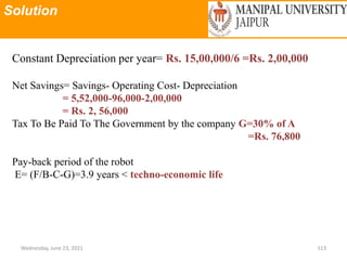 Solution
Wednesday, June 23, 2021 113
Constant Depreciation per year= Rs. 15,00,000/6 =Rs. 2,00,000
Net Savings= Savings- Operating Cost- Depreciation
= 5,52,000-96,000-2,00,000
= Rs. 2, 56,000
Tax To Be Paid To The Government by the company G=30% of A
=Rs. 76,800
Pay-back period of the robot
E= (F/B-C-G)=3.9 years < techno-economic life
 