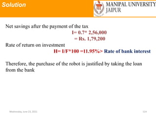 Solution
Wednesday, June 23, 2021 114
Net savings after the payment of the tax
I= 0.7* 2,56,000
= Rs. 1,79,200
Rate of return on investment
H= I/F*100 =11.95%> Rate of bank interest
Therefore, the purchase of the robot is justified by taking the loan
from the bank
 