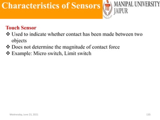 Characteristics of Sensors
Wednesday, June 23, 2021 120
Touch Sensor
 Used to indicate whether contact has been made between two
objects
 Does not determine the magnitude of contact force
 Example: Micro switch, Limit switch
 
