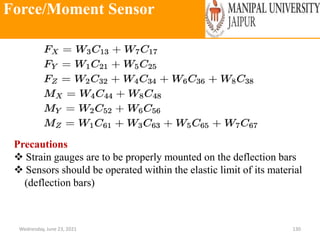 Force/Moment Sensor
Wednesday, June 23, 2021 130
Precautions
 Strain gauges are to be properly mounted on the deflection bars
 Sensors should be operated within the elastic limit of its material
(deflection bars)
 