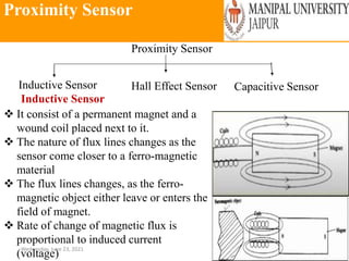 Proximity Sensor
Wednesday, June 23, 2021 132
Proximity Sensor
Inductive Sensor Hall Effect Sensor Capacitive Sensor
Inductive Sensor
 It consist of a permanent magnet and a
wound coil placed next to it.
 The nature of flux lines changes as the
sensor come closer to a ferro-magnetic
material
 The flux lines changes, as the ferro-
magnetic object either leave or enters the
field of magnet.
 Rate of change of magnetic flux is
proportional to induced current
(voltage)
 