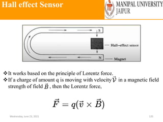 Hall effect Sensor
Wednesday, June 23, 2021 135
It works based on the principle of Lorentz force.
If a charge of amount q is moving with velocity in a magnetic field
strength of field , then the Lorentz force,
 