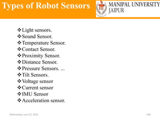 Types of Robot Sensors
Wednesday, June 23, 2021 138
Light sensors.
Sound Sensor.
Temperature Sensor.
Contact Sensor.
Proximity Sensor.
Distance Sensor.
Pressure Sensors. ...
Tilt Sensors.
Voltage sensor
Current sensor
IMU Sensor
Acceleration sensor.
 