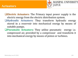 Actuators
Wednesday, June 23, 2021 158
Electric Actuators: The Primary input power supply is the
electric energy from the electric distribution system.
Hydraulic Actuators: They transform hydraulic energy
stored in a reservoir into mechanical energy by means of
suitable pumps.
Pneumatic Actuators: They utilise pneumatic energy i.e.
compressed air, provided by a compressor and transform it
into mechanical energy by means of piston or turbines.
 