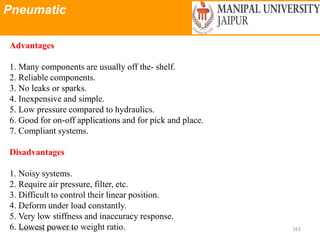 Pneumatic
Wednesday, June 23, 2021 163
Advantages
1. Many components are usually off the- shelf.
2. Reliable components.
3. No leaks or sparks.
4. Inexpensive and simple.
5. Low pressure compared to hydraulics.
6. Good for on-off applications and for pick and place.
7. Compliant systems.
Disadvantages
1. Noisy systems.
2. Require air pressure, filter, etc.
3. Difficult to control their linear position.
4. Deform under load constantly.
5. Very low stiffness and inaccuracy response.
6. Lowest power to weight ratio.
 