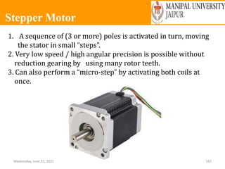 Stepper Motor
Wednesday, June 23, 2021 165
1. A sequence of (3 or more) poles is activated in turn, moving
the stator in small “steps”.
2. Very low speed / high angular precision is possible without
reduction gearing by using many rotor teeth.
3. Can also perform a “micro-step” by activating both coils at
once.
 