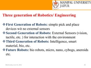 Wednesday, June 23, 2021 20
Three generation of Robotics/ Engineering
First Generation of Robots: simple pick and place
devices wit no external sensors
Second Generation of Robots: External Sensors (vision,
tactile, etc. ) for interaction with the environment
Third Generation of Robots: Intelligence, smart
material, bio, etc.
Future Robots: bio robots, micro, nano, cybogs, aneroids
etc.
 