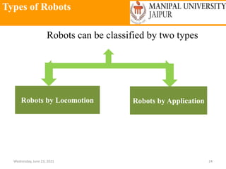 Types of Robots
Wednesday, June 23, 2021 24
Robots can be classified by two types
Robots by Locomotion Robots by Application
 