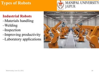 Types of Robots
Wednesday, June 23, 2021 28
Industrial Robots
–Materials handling
–Welding
–Inspection
–Improving productivity
–Laboratory applications
 