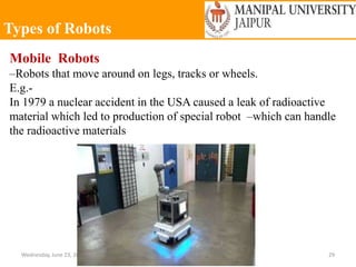 Types of Robots
Wednesday, June 23, 2021 29
Mobile Robots
–Robots that move around on legs, tracks or wheels.
E.g.-
In 1979 a nuclear accident in the USA caused a leak of radioactive
material which led to production of special robot –which can handle
the radioactive materials
 