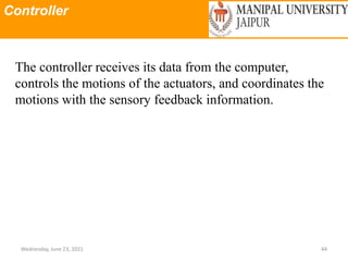 Controller
Wednesday, June 23, 2021 44
The controller receives its data from the computer,
controls the motions of the actuators, and coordinates the
motions with the sensory feedback information.
 