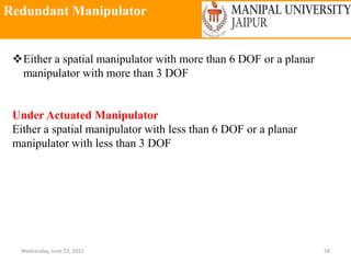 Redundant Manipulator
Wednesday, June 23, 2021 58
Either a spatial manipulator with more than 6 DOF or a planar
manipulator with more than 3 DOF
Under Actuated Manipulator
Either a spatial manipulator with less than 6 DOF or a planar
manipulator with less than 3 DOF
 
