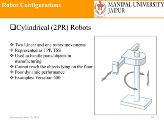 Robot Configurations
Wednesday, June 23, 2021 67
Cylindrical (2PR) Robots
 Two Linear and one rotary movements
 Represented as TPP, TSS
 Used to handle parts/objects in
manufacturing
 Cannot reach the objects lying on the floor
 Poor dynamic performance
 Examples: Versatran 600
 