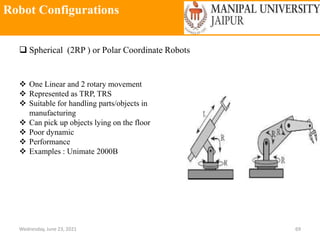 Robot Configurations
Wednesday, June 23, 2021 69
 Spherical (2RP ) or Polar Coordinate Robots
 One Linear and 2 rotary movement
 Represented as TRP, TRS
 Suitable for handling parts/objects in
manufacturing
 Can pick up objects lying on the floor
 Poor dynamic
 Performance
 Examples : Unimate 2000B
 