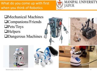 What do you come up with first
when you think of Robotics
Wednesday, June 23, 2021 7
Mechanical Machines
Companions/Friends
Pets/Toys
Helpers
Dangerous Machines
 
