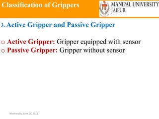 Classification of Grippers
Wednesday, June 23, 2021
3. Active Gripper and Passive Gripper
o Active Gripper: Gripper equipped with sensor
o Passive Gripper: Gripper without sensor
 