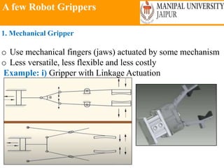 A few Robot Grippers
Wednesday, June 23, 2021
1. Mechanical Gripper
o Use mechanical fingers (jaws) actuated by some mechanism
o Less versatile, less flexible and less costly
Example: i) Gripper with Linkage Actuation
 