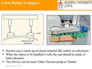 A few Robot Grippers
Wednesday, June 23, 2021
 Suction cup is made up of elastic material like rubber or soft plastic
 When the object to be handled is soft, the cup should be made of
hard substance
 Two Device can be used: Either Vacuum pump or Venturi
 