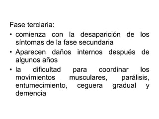 Fase terciaria: comienza con la desaparición de los síntomas de la fase secundaria Aparecen daños internos después de algunos años la dificultad para coordinar los movimientos musculares, parálisis, entumecimiento, ceguera gradual y demencia 