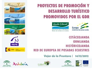 PROYECTOS DE PROMOCIÓN Y
       DESARROLLO TURÍSTICO
     PROMOVIDOS POR EL GDR



                      CETÁCEOJANDA
                         ORNIJANDA
                    HISTÓRICOJANDA
RED DE EUROPEA DE POSADAS ECUESTRES
      Vejer de la Frontera | 14/12/2012
 