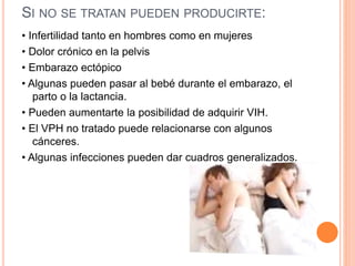 SI NO SE TRATAN PUEDEN PRODUCIRTE:
• Infertilidad tanto en hombres como en mujeres
• Dolor crónico en la pelvis
• Embarazo ectópico
• Algunas pueden pasar al bebé durante el embarazo, el
parto o la lactancia.
• Pueden aumentarte la posibilidad de adquirir VIH.
• El VPH no tratado puede relacionarse con algunos
cánceres.
• Algunas infecciones pueden dar cuadros generalizados.
 