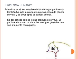 PAPILOMA HUMANO:
Este virus es el responsable de las verrugas genitales y
también ha sido la causa de algunos casos de cáncer
cervical y de otros tipos de cáncer genital.
Se desconoce qué es lo que produce este virus. El
papiloma humano produce las verrugas genitales que
son altamente contagiosas.
 