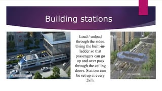 Building stations
Load / unload
through the sides.
Using the built-in-
ladder so that
passengers can go
up and over pass
through the ceiling
doors. Stations can
be set up at every
2km.
 