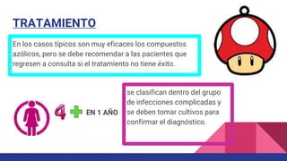 TRATAMIENTO
En los casos típicos son muy eficaces los compuestos
azólicos, pero se debe recomendar a las pacientes que
regresen a consulta si el tratamiento no tiene éxito.
EN 1 AÑO
se clasifican dentro del grupo
de infecciones complicadas y
se deben tomar cultivos para
confirmar el diagnóstico.
 