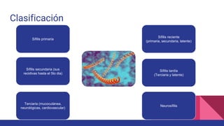 Clasificación
Sífilis primaria
Terciaria (mucocutánea,
neurológicas, cardiovascular)
Sífilis secundaria (sus
recidivas hasta el 5to dia)
Sífilis reciente
(primaria, secundaria, latente)
Neurosífilis
Sífilis tardía
(Terciaria y latente)
 